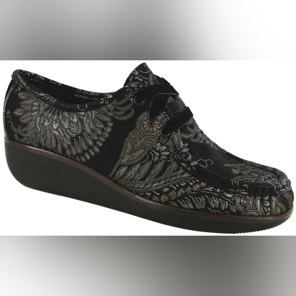 SAS Bounce LTD Lace Up Leather Moccasin in Brocade & Black Patent Size 7.5 M - Picture 1 of 9